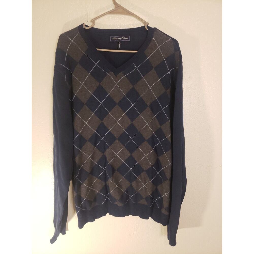American Classics Russell Simmons Blue and Grey Argyle Sweater Size Large